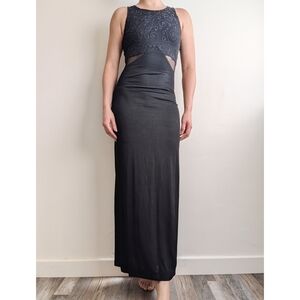 Vintage Y2K 2000s Dark Romantic Black Beaded Sheer Cutout Formal Maxi Dress